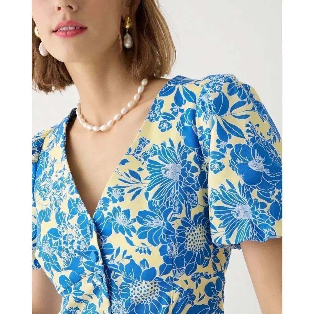 NWT J. Crew blue floral Twill Puff-Sleeve Mini Dress women’s size 18
